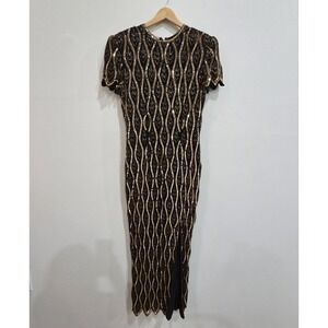 Vtg Beaded Silk Black And Gold Sequin Stenay Gown Dress Size 6
